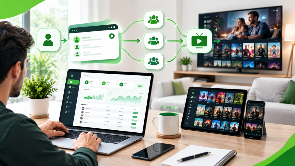 IPTV reseller panel workflow with customer management and streaming devices in a modern setup